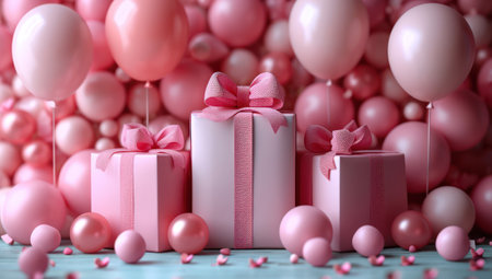 Celebration Concept. Pink Gift Boxes and Balloons extreme closeup. Generative AIの素材