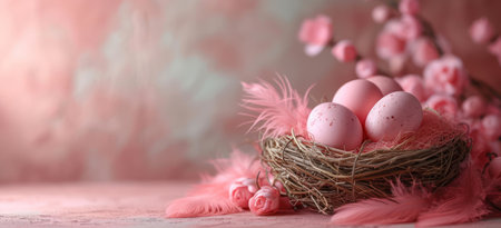 Easter Eggs in a Nest on a Pink Wall Background extreme closeup. Generative AIの素材