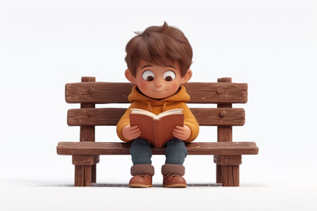 Cartoon Little Cute Boy Sitting at Bench with Reading a Book extreme closeup. Generative AIの素材