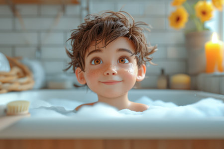 Cheerful Cartoon Little Child Taking a Bath in a Bathtub with Foam extreme closeup. Generative AIの素材