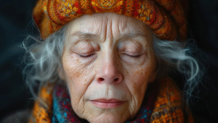 Elderly Woman is Having Headaches and Holding Her Head Pain extreme closeup. Generative AIの素材