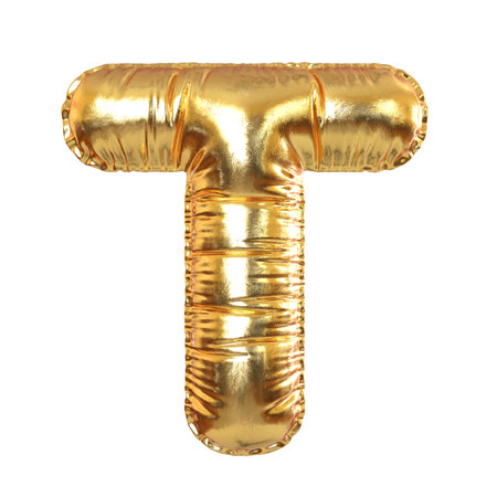 Golden Metal Balloon English Alphabet Letter T for Festive, Text, Holidays on a white transperent background. 3d renderingの写真素材