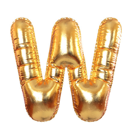 Golden Metal Balloon English Alphabet Letter W for Festive, Text, Holidays on a white transperent background. 3d renderingの写真素材