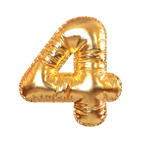 Golden Metal Balloon Number 4 Symbol for Festive, Text, Holidays on a white transperent background. 3d renderingの写真素材