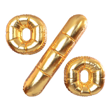 Golden Metal Balloon Percent Sign Symbol for Festive, Text, Holidays on a white transperent background. 3d renderingの写真素材