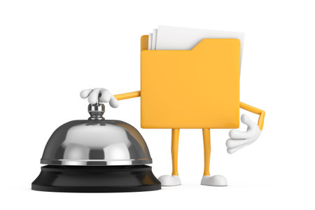 Yellow File Folder Icon Cartoon Person Character Mascot with Hotel Service Bell Call on a white background. 3d renderingの写真素材