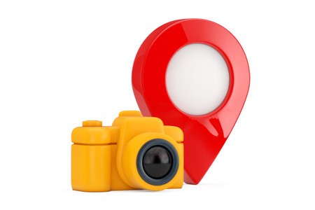Abstract Yellow Photo Camera Web Icon with Red Map Pointer Pin on a white background. 3d renderingの写真素材