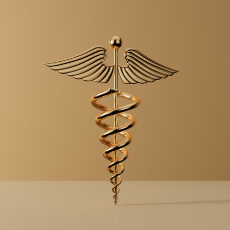 Gold Medical Caduceus Symbol on a yellow background. 3d renderingの写真素材