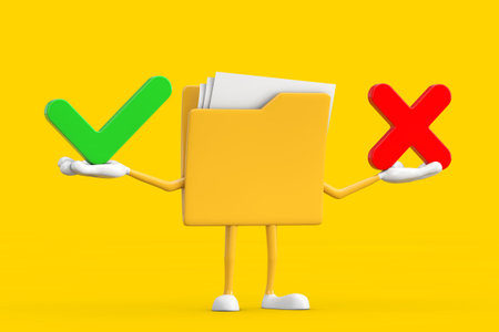 Yellow File Folder Icon Cartoon Person Character Mascot with Red Cross and Green Check Mark, Confirm or Deny, Yes or No Icon Sign on a yellow background. 3d renderingの写真素材