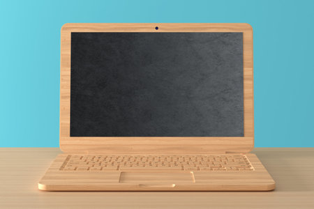 Abstract Wooden Laptop with Chalkboard as Screen on a blue background. 3d renderingの写真素材