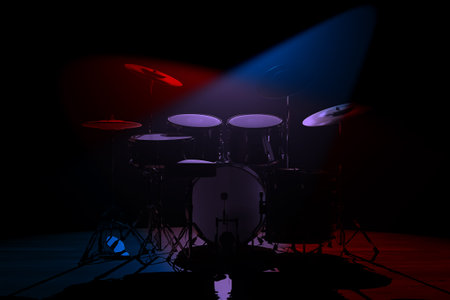 Professional Rock Drum Kit in Spotlight Lights on a black background. 3d renderingの写真素材
