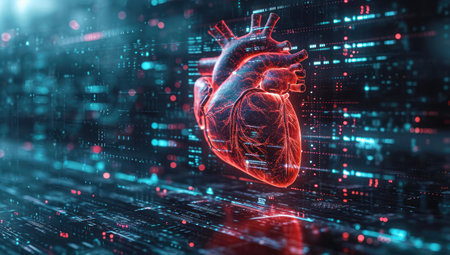 Genetic Engineering Concept. Human Heart with DNA Data on Background extreme closeup. Generative AIの素材