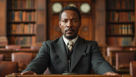 Portrait of an African American Lawyer Giving a Presentation in a Courtroom extreme closeup. Generative AIの素材