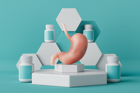 Human Stomach Anatomy Internal Organ and Medical Jars with Pills or Vitamins on a Podium on a blue...