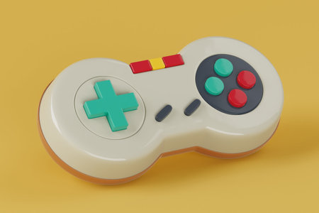 Retro Video Game Joystick Controller on a yellow background. 3d rendering