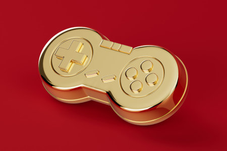 Golden Retro Video Game Joystick Controller on a red background. 3d rendering