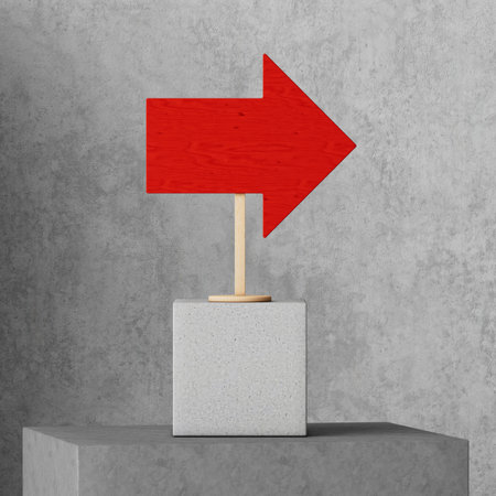 Red Direction Arrow on Stone Background extreme closeup. 3d rendering