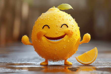 Fun Cartoon Happy Lemon Character with Hands and Legs extreme closeup. Generative AIの素材