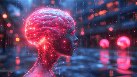 AI Head with a Neuroma Hologram on a Computer Circuit Board extreme closeup. Generative AIの素材