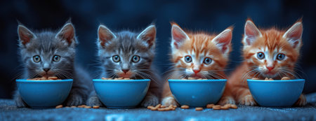 Beautiful Kittens are Sitting at a Bowls of Kitten Food extreme closeup. Generative AIの素材