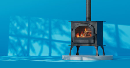 Classic Open Home Fireplace Stove with Chimney Pipe and Firewood Burning in Red Hot Flame in Blue Room witn Sun Shadows extreme closeup. 3d renderingの写真素材