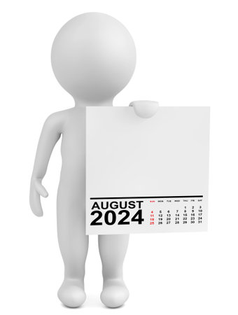 Character Holding Calendar August 2024 Year on a white background. 3d renderingの写真素材