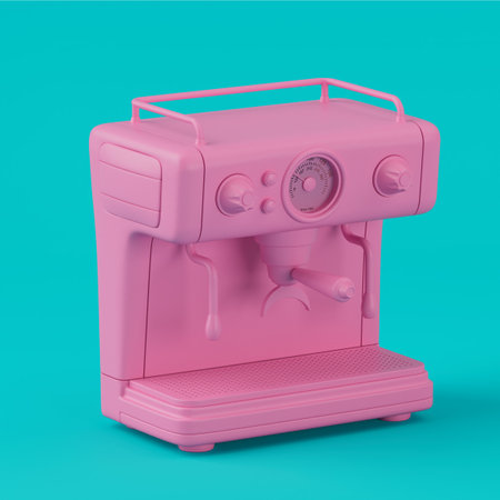 Pink Cartoon Coffee Machine Appliance Icon in Duotone Style on a blue background. 3d renderingの写真素材