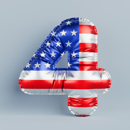 Foil Balloon Number Four Symbol for Festive, Text, Holidays and Birthday with America Flag on a blue background. 3d renderingの写真素材