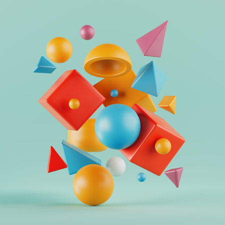 Minimalism Plastic Geometric Shapes Composition on a green background. 3d renderingの写真素材