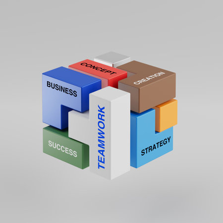 Business Teamwork Concept. Abstract Geometric Compose of Colorful Blocks in Shape of Cube Logo Icon...