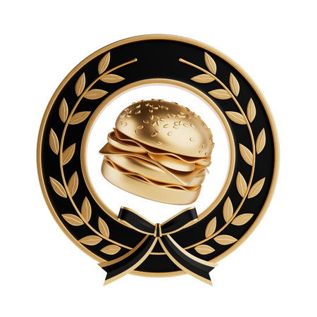 Winner Award Gold Laurel Wreath Frame with Golden Cartoon Premium Delicious Burger Icon on a white background. 3d Renderingの写真素材