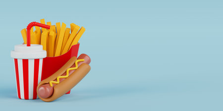 Fast Food Icons Set: Burger, Hotdog and Soft Drink on a blue background. 3d Rendering