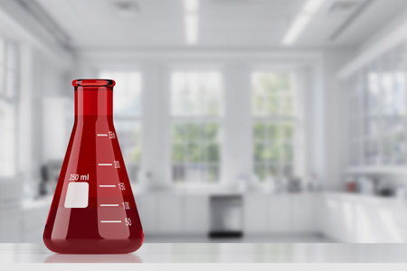 Red Transparent Chemical Laboratory Conical Flask with Liquid on an Laboratory Interior background. 3d Renderingの写真素材
