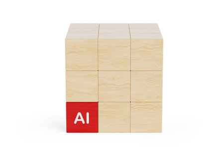 Success with AI Concept. Wooden Blocks Stacking in Cube with One Red Artificial Intelligence Block on a white background. 3d Renderingの写真素材