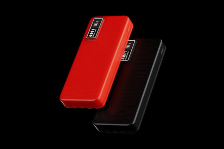 Red and Black Mobile Devices Charging Power Banks on a black background. 3d Rendering