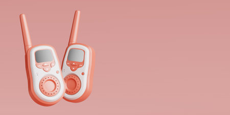 Pink Walkie Talkie Portable Radio Transceiver on a pink background. 3d Renderingの写真素材