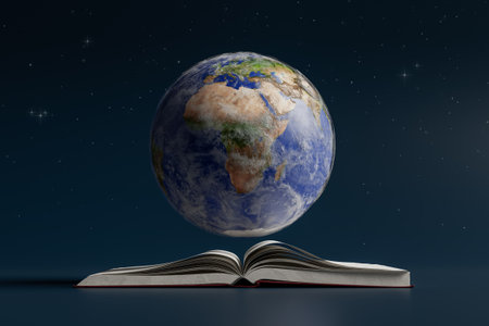 Planet Earth World Globe Over an Open Book on a blue sky stars background. Elements of this image...