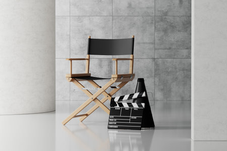 Director Chair, Movie Clapper and Megaphone in Big White Hall extreme closeup. 3d Renderingの写真素材