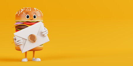 Cartoon Premium Delicious Burger Icon Person Character Mascot with White Blank Envelope on a yellow background. 3d Renderingの写真素材