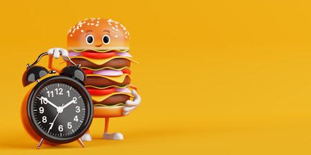 Cartoon Premium Delicious Burger Icon Person Character Mascot with Alarm Clock on a yellow background. 3d Renderingの写真素材