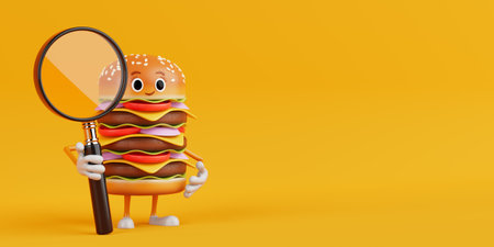 Cartoon Premium Delicious Burger Icon Person Character Mascot with Magnifying Glass on a yellow background. 3d Renderingの写真素材