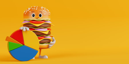Cartoon Premium Delicious Burger Icon Person Character Mascot with Info Graphics Business Pie Chart on a yellow background. 3d Renderingの写真素材