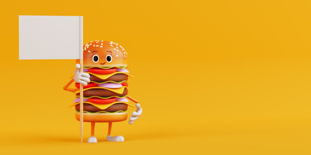 Cartoon Premium Delicious Burger Icon Person Character Mascot with White Flag with Free Space for Your Design on a yellow background. 3d Renderingの写真素材