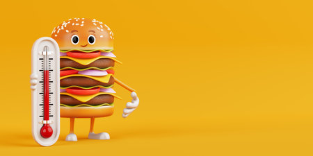 Cartoon Premium Delicious Burger Icon Person Character Mascot with Outdoor Thermometer on a yellow background. 3d Renderingの写真素材