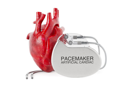 Implantable Artificial Cardiac Pacemaker Device with Red Human Heart on a white background. 3d...