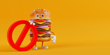 Cartoon Premium Delicious Burger Icon Person Character Mascot with Red Prohibition or Forbidden Sign on a yellow background. 3d Renderingの写真素材
