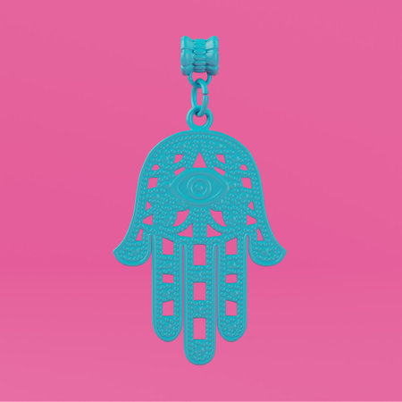 Blue Hamsa, Hand of Fatima Amulet Coulomb in Duotone Style on a pink background. 3d Renderingの写真素材