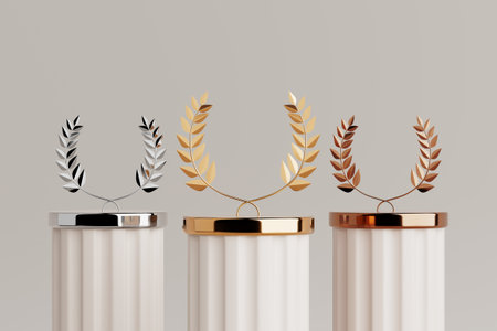 Empty Golden, Silver and Bronze Laurel Winner Place Stage Mockup on a white background. 3d Renderingの写真素材