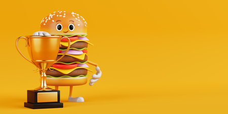 Cartoon Premium Delicious Burger Icon Person Character Mascot with Golden Award Trophy on a yellow background. 3d Renderingの写真素材