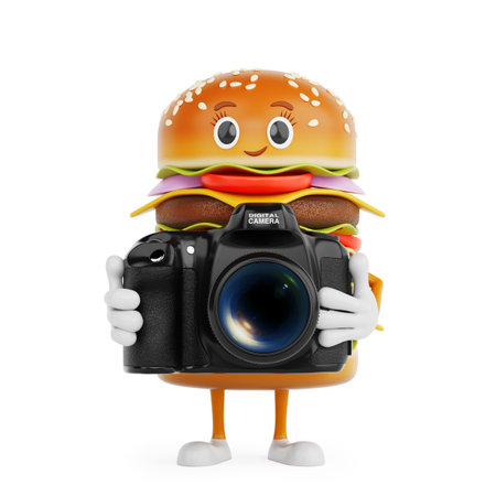Cartoon Premium Delicious Burger Icon Person Character Mascot with Modern Digital Photo Camera on a white background. 3d Renderingの写真素材